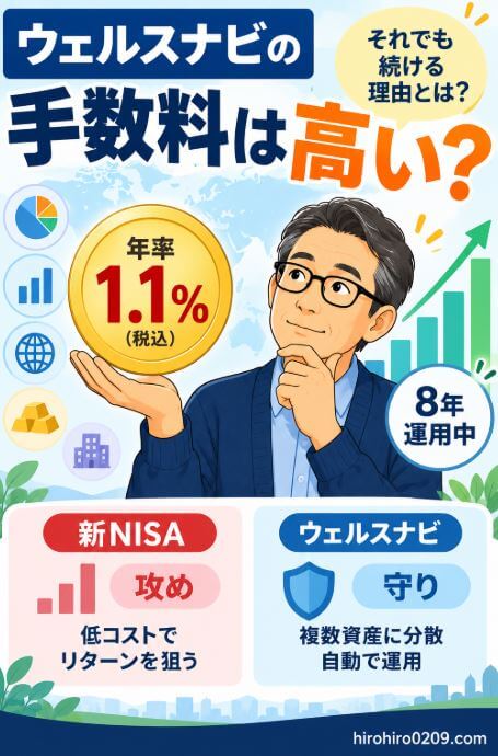 ウェルスナビの手数料は年率1.1％。8年以上運用している筆者が、新NISAは低コストでリターンを狙う「攻め」、ウェルスナビは複数資産への分散と自動運用を重視する「守り」として使い分けている考え方を紹介