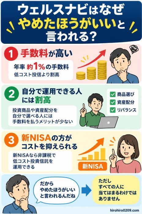 ウェルスナビがやめたほうがいいと言われる3つの理由を解説した図解。手数料が約1％と高め、自分で商品選びや資産配分を管理できる人には割高、新NISAなら非課税で低コスト投資信託を運用できる点を紹介