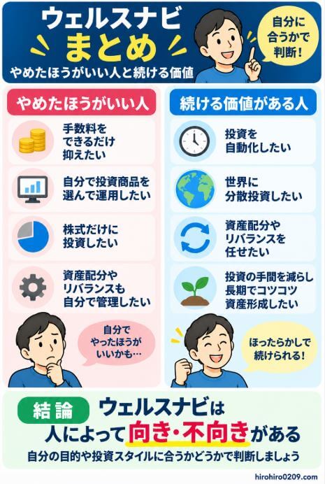 ウェルスナビをやめたほうがいい人と続ける価値がある人を比較したまとめ図解。手数料を抑えて自分で投資商品や資産配分を管理したい人には向きにくく、世界への分散投資や資産配分、リバランスを任せて投資の手間を減らしたい人には向いており、自分の目的や投資スタイルで判断することが大切と解説