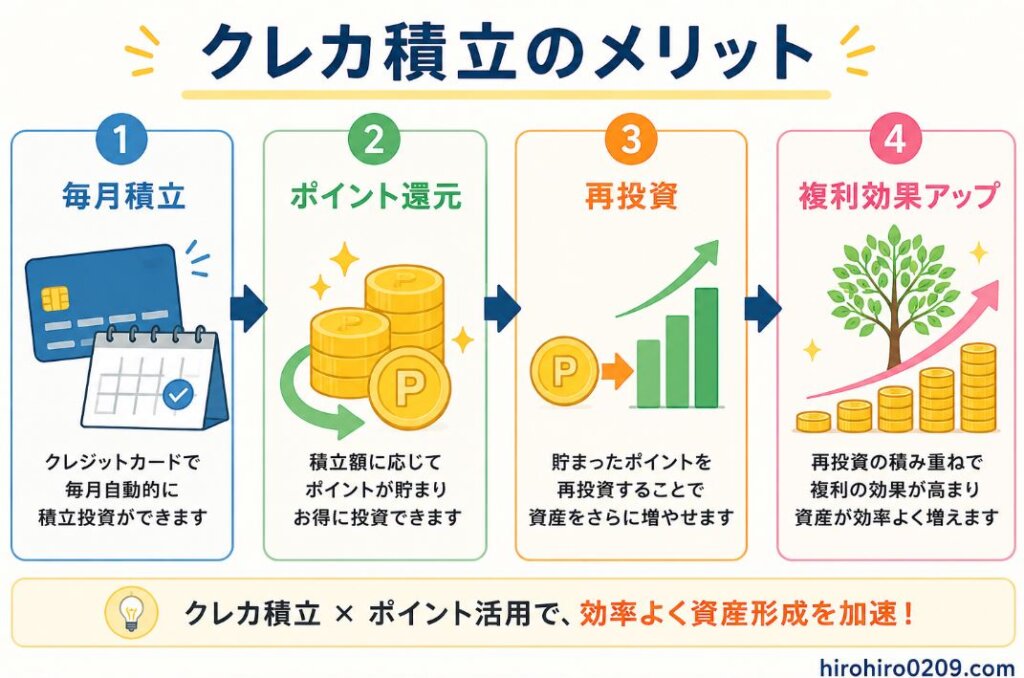 クレジットカード積立のメリットを4つのステップで解説した図解。毎月積立を行うことでポイントが貯まり、そのポイントを再投資することで投資元本が増え、複利効果によって資産形成をさらに加速できる流れを矢印で分かりやすく示している。クレカ積立は現金積立より効率よく資産形成を目指せることを表現したイラストで、右下には「hirohiro0209.com」と記載されている。