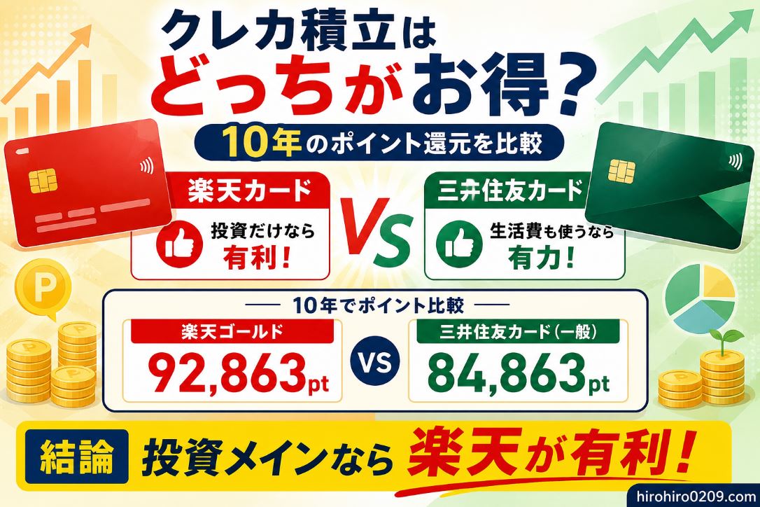 クレカ積立のポイント還元を比較したイラスト。左に楽天カード、右に三井住友カードを配置し、10年間の獲得ポイントを比較。楽天ゴールドは92,863ポイント、三井住友カード一般は84,863ポイントとなり、投資メインなら楽天カードが有利であることを示している。背景には上昇グラフと積立投資をイメージしたアイコンを配置。