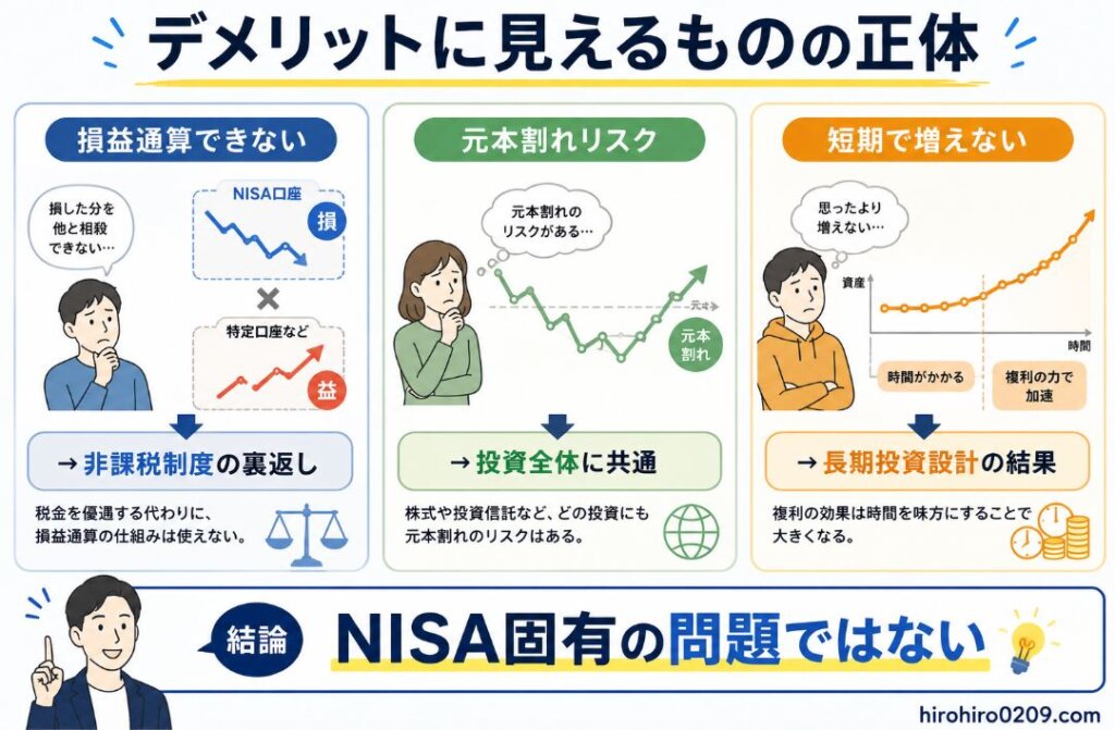新NISAのデメリットとしてよく挙げられる内容の正体を解説した図解イラスト。「損益通算できない」「元本割れリスク」「短期で増えない」の3項目をそれぞれ分かりやすく整理している。損益通算できないことは非課税制度の裏返し、元本割れリスクは投資全体に共通する特徴、短期で増えないことは長期投資を前提とした制度設計の結果であることを図解で説明。下部には「結論 NISA固有の問題ではない」と大きく表示され、検索上位記事でデメリットとして語られる内容の多くが、新NISA特有の欠点ではないことを示している。右下に「hirohiro0209.com」の表記あり。
