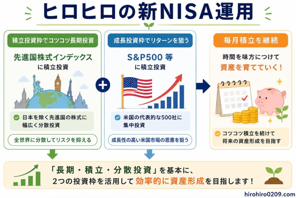 ヒロヒロが実践している新NISAの運用方針をまとめた図解。積立投資枠では「先進国株式インデックス」に毎月積立を行い、日本を除く先進国へ幅広く分散投資してリスクを抑えている。一方、成長投資枠では「S&P500等」に毎月積立を行い、米国市場の成長によるリターンを狙っている。2つの投資枠を併用し、毎月コツコツ積立を継続することで、長期・積立・分散投資を基本とした効率的な資産形成を目指す運用スタイルを表現したイラスト。右下には「hirohiro0209.com」と記載されている。