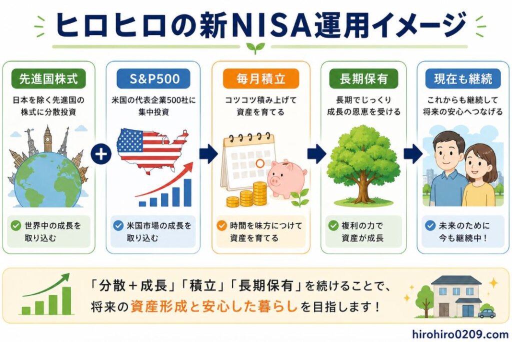 ヒロヒロが実践している新NISAの運用イメージをまとめた図解。積立投資枠では先進国株式インデックス、成長投資枠ではS&P500に投資し、2つを組み合わせて毎月積立を継続している流れを示している。その後は長期保有を続け、時間を味方につけながら複利効果による資産形成を目指し、現在も積立を継続中であることを矢印で分かりやすく表現したイラスト。右下には「hirohiro0209.com」と記載されている。