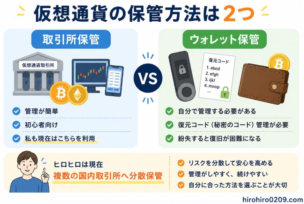 仮想通貨の保管方法を比較した図解。左側に「取引所保管」、右側に「ウォレット保管」を配置し、それぞれの特徴を分かりやすく紹介している。取引所保管は管理が簡単で初心者向け、ウォレット保管は自分で管理できる一方で復元用の秘密コード管理が必要で、紛失すると復旧が難しいことを示している。下部では、ヒロヒロが現在は複数の国内取引所へ資産を分散保管していることと、リスク分散や管理のしやすさを重視していることを解説している。右下にhirohiro0209.comの表記あり。