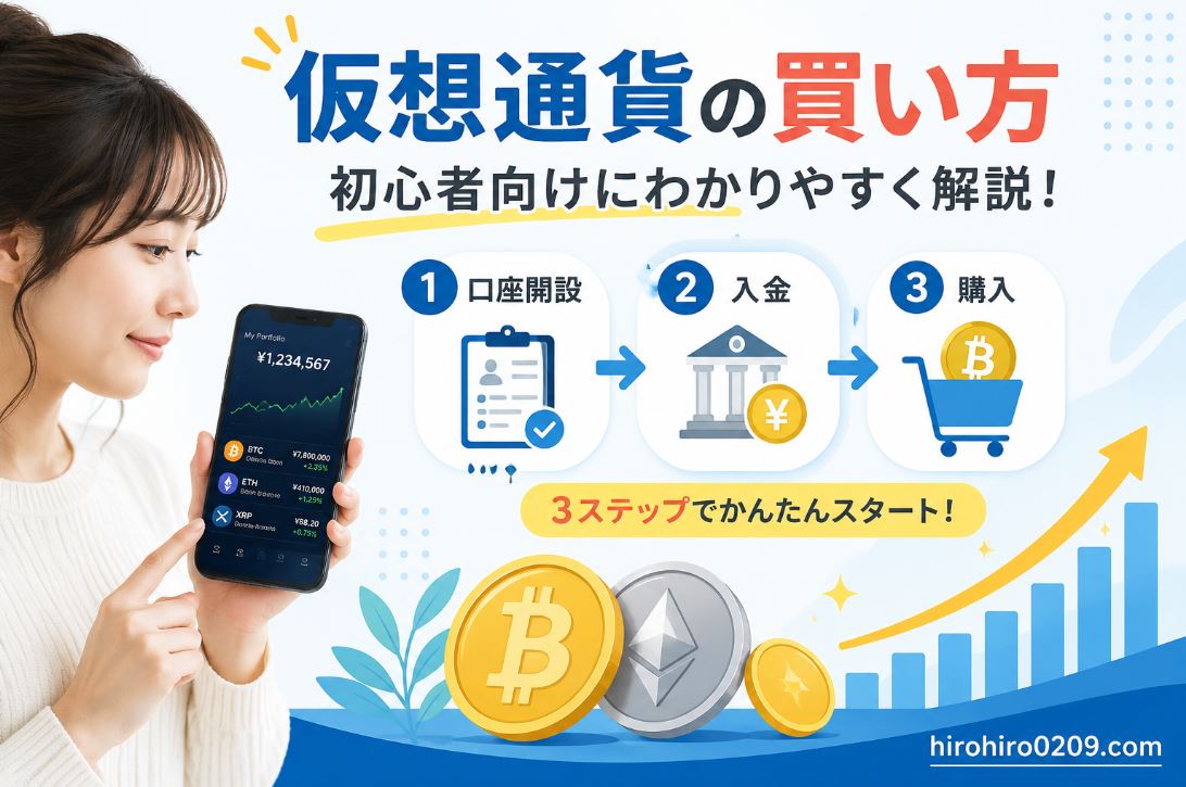 スマホで仮想通貨アプリを見る初心者女性と、仮想通貨購入の流れを示した図解。口座開設→日本円入金→ビットコイン購入の3ステップを、ビットコインやイーサリアムのコインイラストと上昇グラフで分かりやすく解説している。右下にhirohiro0209.comの表記あり。