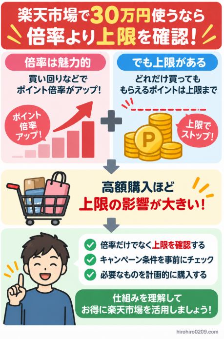 楽天市場で30万円使う場合はポイント倍率だけでなく付与上限の確認が重要で、高額購入ほど上限の影響が大きくなることと、キャンペーン条件を事前確認するポイントをまとめた図解