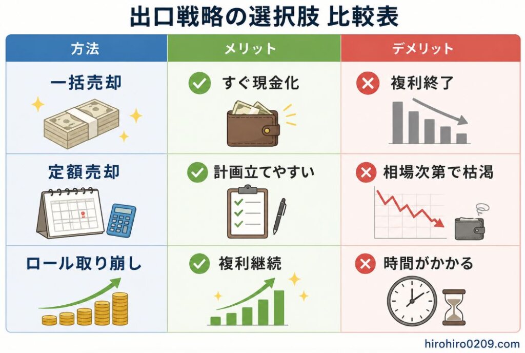 出口戦略の選択肢を比較した図解イラスト。一括売却、定額売却、ロール取り崩しの3つの方法について、それぞれのメリットとデメリットを一覧表で整理している。一括売却はすぐ現金化できる一方で複利効果が終了し、定額売却は計画を立てやすい反面、相場次第で資産が早く減る可能性がある。ロール取り崩しは複利効果を継続できるが、資産を受け取るまでに時間がかかることを分かりやすく比較している。