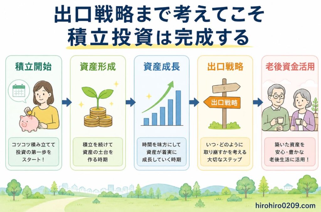 積立投資は資産を増やすだけでなく、出口戦略まで考えて完成することを説明した図解イラスト。積立開始から資産形成、資産成長、出口戦略、老後資金活用までの流れを5つのステップで表現し、積立投資で築いた資産を老後生活に活用する重要性を分かりやすく解説している。
