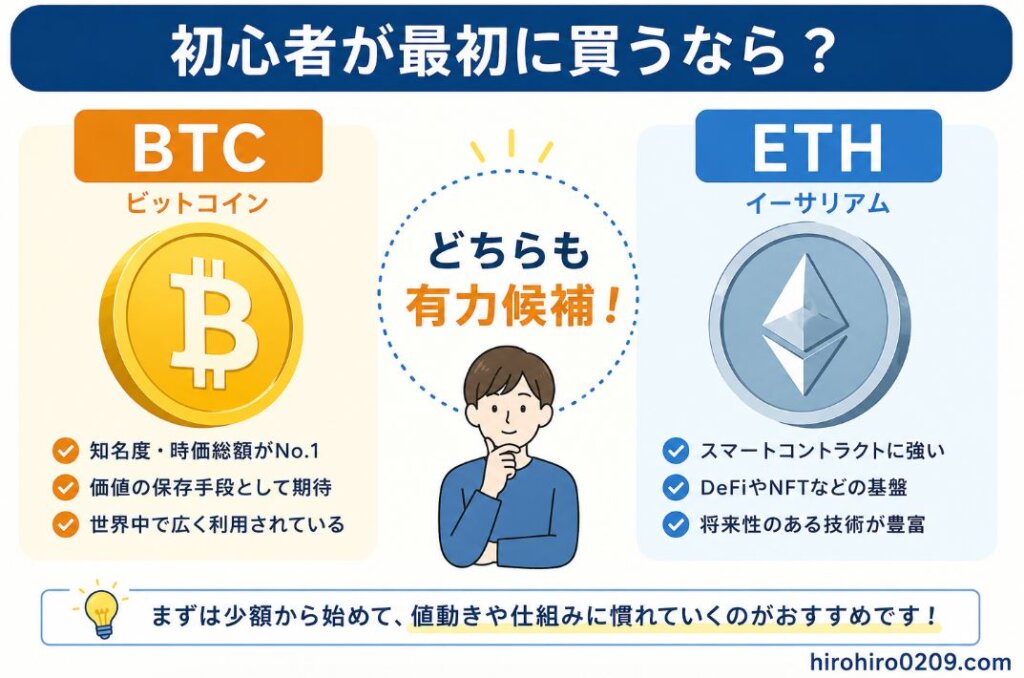 初心者向けにビットコイン（BTC）とイーサリアム（ETH）を比較した図解。左側にBTC、右側にETHを配置し、それぞれの特徴を紹介している。中央では「どちらも有力候補」と示し、仮想通貨初心者が最初に購入する銘柄として両者が有力であることを分かりやすく解説している。下部には、まずは少額から始めて値動きや仕組みに慣れることを推奨するメッセージが記載されている。右下にhirohiro0209.comの表記あり。