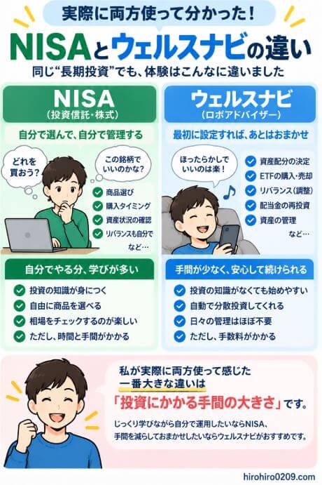 NISAは投資商品や資産配分を自分で選んで管理する一方、ウェルスナビは資産配分やETFの売買、リバランスなどを自動化でき、実際に両方を利用して感じた投資管理の手間の違いを比較した図解