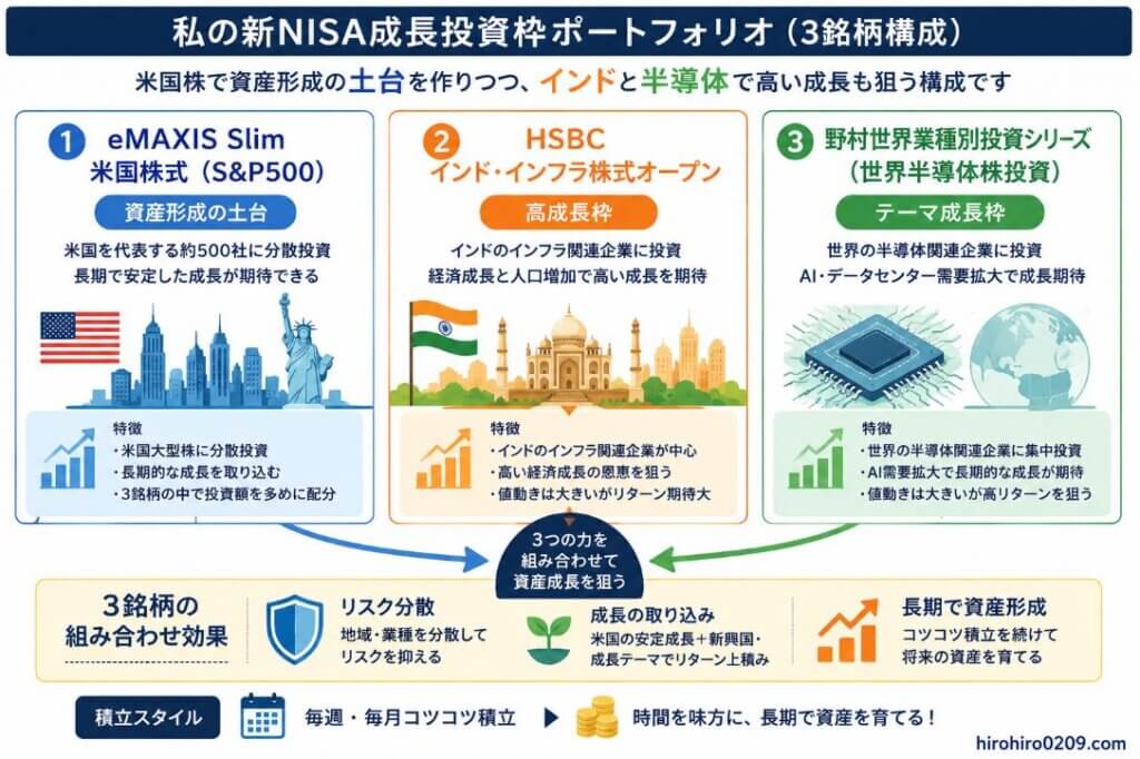 新NISA成長投資枠で積立投資している3銘柄の役割をまとめた図解。eMAXIS Slim米国株式(S&P500)を資産形成の土台、HSBCインド・インフラ株式オープンを高成長枠、野村世界業種別投資シリーズ(世界半導体株投資)をテーマ成長枠として配置。3銘柄を組み合わせることで、リスク分散と成長性の両立を目指し、長期の積立投資で資産形成を進める戦略を示している。右下にhirohiro0209.comを掲載。