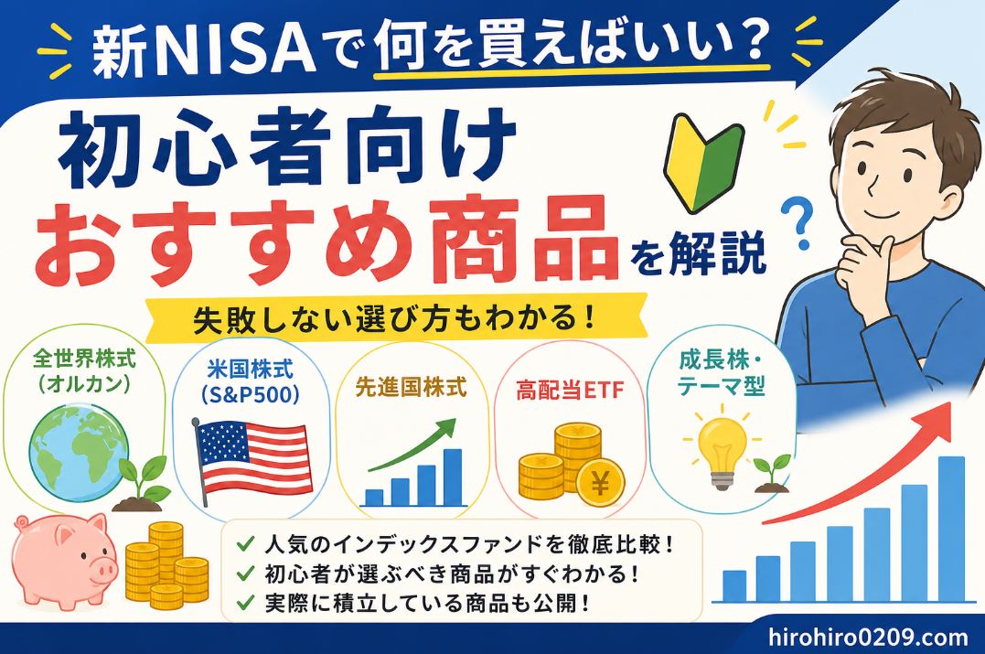 新NISAで何を買えばよいか迷う初心者向けのアイキャッチ画像。中央に「初心者向け おすすめ商品を解説」のタイトルを大きく配置し、その下に全世界株式（オルカン）、米国株式（S&P500）、先進国株式、高配当ETF、成長株・テーマ型といった代表的な投資商品のイラストを並べて比較している。右側には商品選びで悩む初心者のイラスト、右下には右肩上がりのグラフを配置し、失敗しない選び方や人気商品の特徴、実際に積み立てている商品が分かる記事であることを表現したデザイン。右下には「hirohiro0209.com」と記載されている。