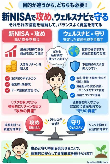 新NISAでは株式中心の投資でリターンを狙う「攻め」、ウェルスナビでは株式・債券・金・不動産など複数資産への分散と自動運用を重視する「守り」として、筆者が両方を使い分けている考え方をまとめた図解