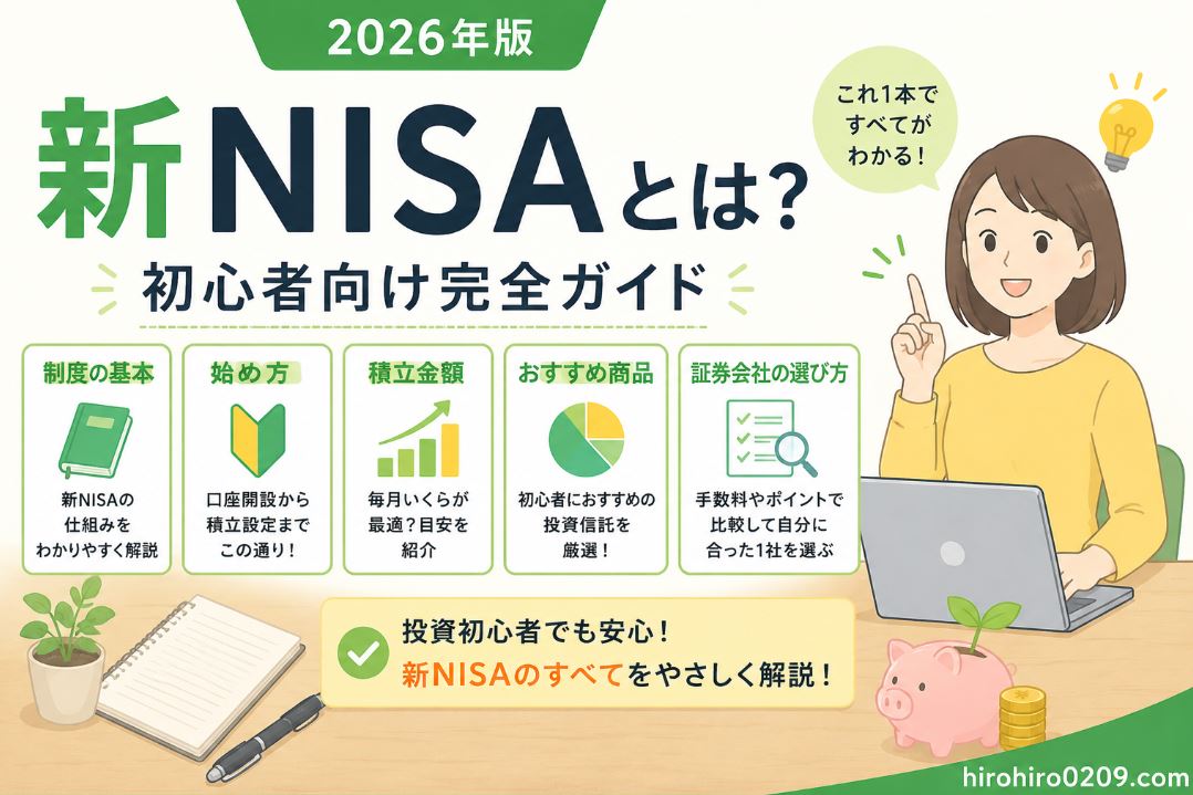 「新NISAとは？」を初心者向けに解説するアイキャッチ画像。制度の基本、始め方、積立金額の目安、おすすめ商品、証券会社の選び方まで、この1記事で新NISAの基礎を一通り理解できることをイラスト付きで表現している。投資初心者でも安心して新NISAを始められる内容であることを伝えるデザインとなっており、右下には「hirohiro0209.com」と記載されている。