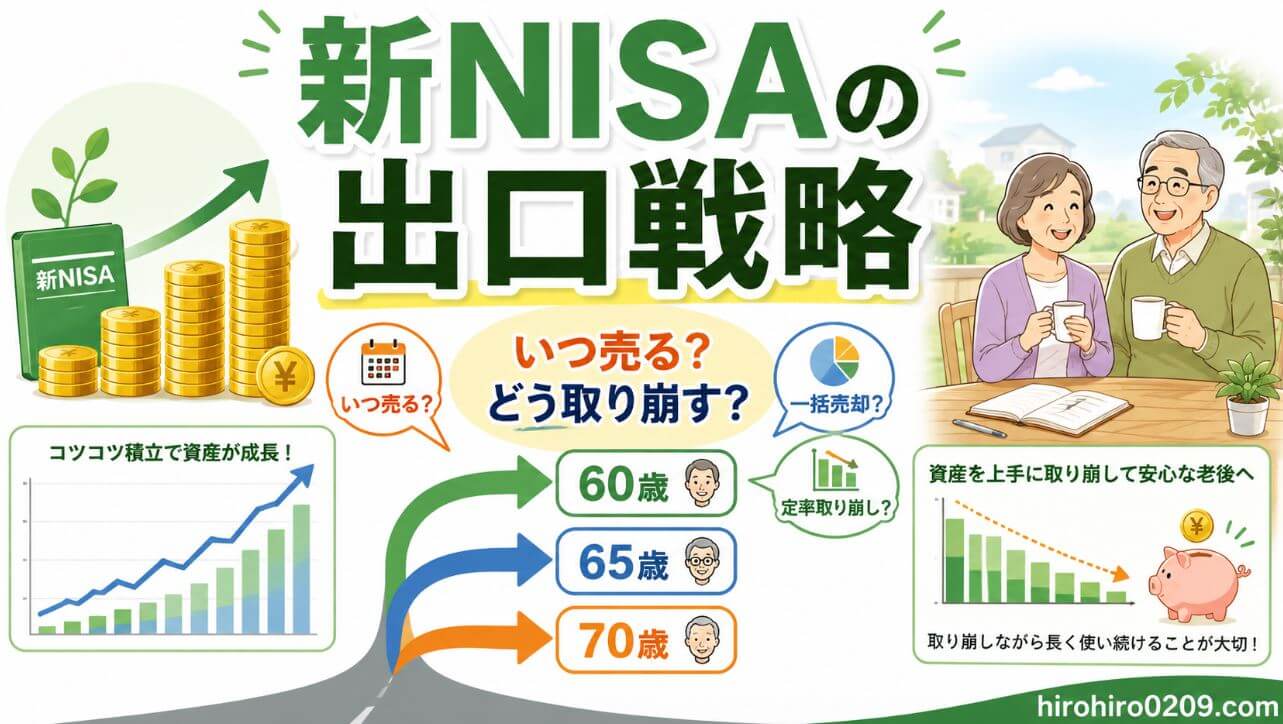 新NISAの出口戦略をテーマに、60歳・65歳・70歳の売却タイミングや取り崩し方法を比較する図解。左に運用資産の成長グラフ、中央に年齢別の分岐矢印、右に老後生活を送る夫婦を配置し、出口戦略の考え方を表現している。