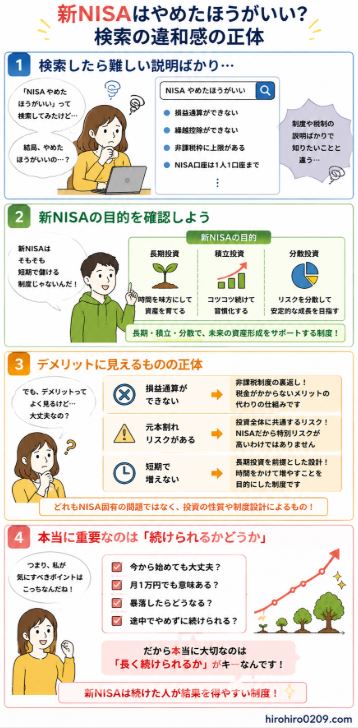 「新NISAはやめたほうがいい？」という疑問を4コマ漫画形式で解説した図解イラスト。1コマ目では、検索結果に並ぶ損益通算や繰越控除などの難しい説明を見て初心者が困惑している様子を描き、検索者が知りたい内容とのズレを表現。2コマ目では、新NISAは短期で儲ける制度ではなく、長期・積立・分散による資産形成を目的としていることを説明。3コマ目では、元本割れリスクや短期で増えないことなど、デメリットとされる内容の多くがNISA固有の問題ではなく、投資全体の特徴や非課税制度とのトレードオフであることを整理。4コマ目では、本当に重要なのは制度の細かなルールではなく、無理なく長く続けられるかどうかであることを示し、時間を味方につけることで資産形成が進む様子を表現している。最後に「新NISAはやめるべき制度ではなく、長く続けることが重要」という結論をまとめている。右下に「hirohiro0209.com」の表記あり。