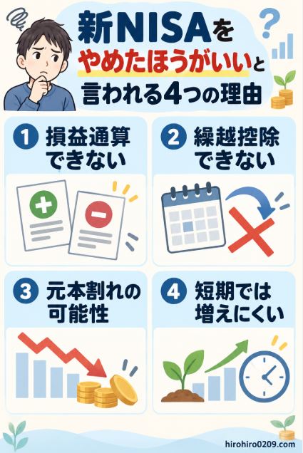 新NISAをやめたほうがいいと言われる4つの理由として、損益通算できない、繰越控除できない、元本割れの可能性、短期では増えにくい点を示した図解イラスト
