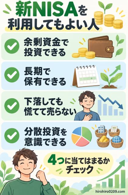 新NISAを利用してもよい人の条件として、余剰資金で投資できる、長期保有できる、下落しても慌てて売らない、分散投資を意識できるという4項目を示したチェックリスト図解