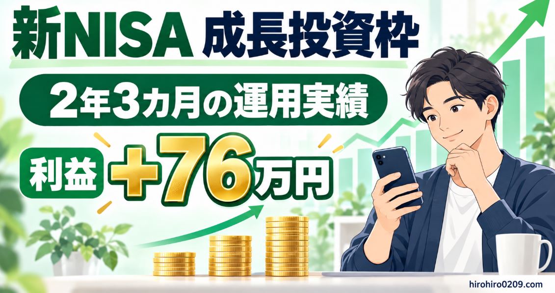 新NISAの成長投資枠で3銘柄を2年3カ月運用し、利益が約76万円になった実績を示すアイキャッチ画像
