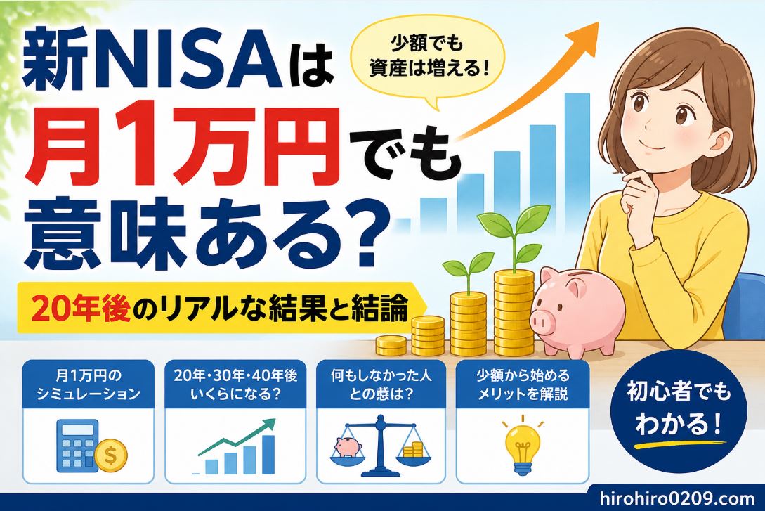 新NISAで月1万円を積み立てた場合の将来資産を解説するアイキャッチ画像。積み上がるコインや右肩上がりのグラフを背景に、20年後・30年後・40年後の資産形成や少額投資のメリットを紹介している。