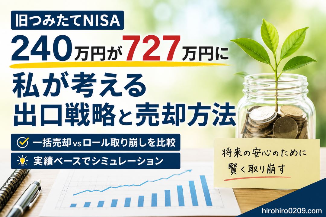 旧つみたてNISAで240万円を積み立てた資産が727万円に成長した実績をもとに、出口戦略と売却方法を解説するアイキャッチ画像。一括売却とロール取り崩しの比較や、複利効果を活かした資産の取り崩し方をテーマに、コインの入った瓶から芽が伸びるイラストで資産成長を表現している。