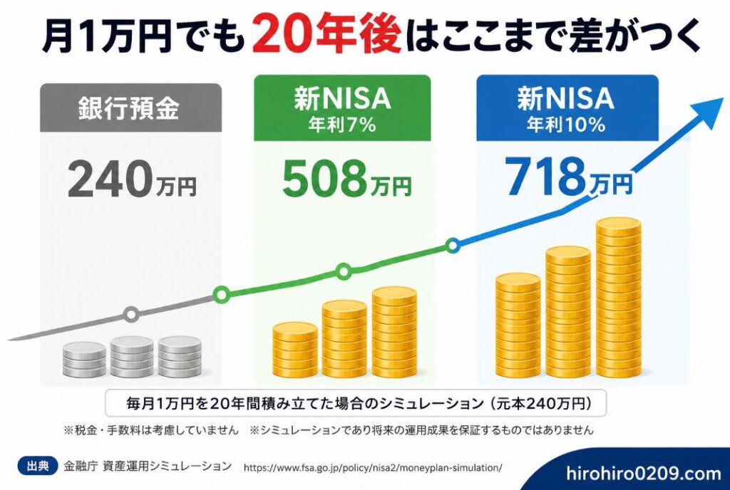 月1万円を20年間積み立てた場合の資産額比較図。銀行預金は240万円、新NISAを年利7%で運用した場合は508万円、新NISAを年利10%で運用した場合は718万円となり、長期投資による複利効果で大きな差が生まれることを右肩上がりのグラフで示している。