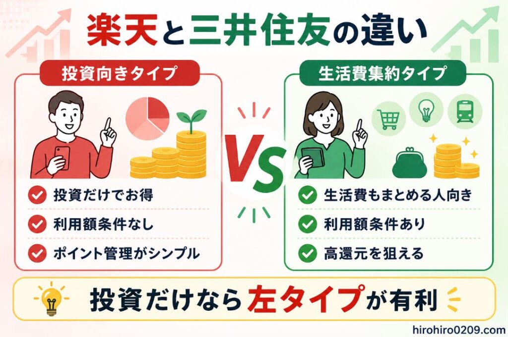 投資向きタイプと生活費集約タイプの違いを比較した図解イラスト。左側は投資だけでお得、利用額条件なし、ポイント管理がシンプルという特徴を表示。右側は生活費もまとめる人向き、利用額条件あり、高還元を狙えるという特徴を表示し、クレカ積立で重視するポイントの違いをわかりやすく解説している。右下にhirohiro0209.comを配置。