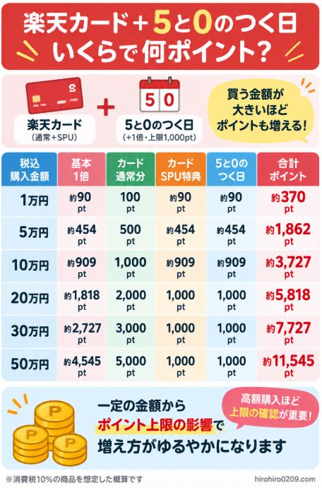 楽天カードと5と0のつく日を利用した場合の獲得ポイントを、1万円から50万円まで購入金額別に比較し、高額購入ほどポイント上限の影響が大きくなることを示した図解