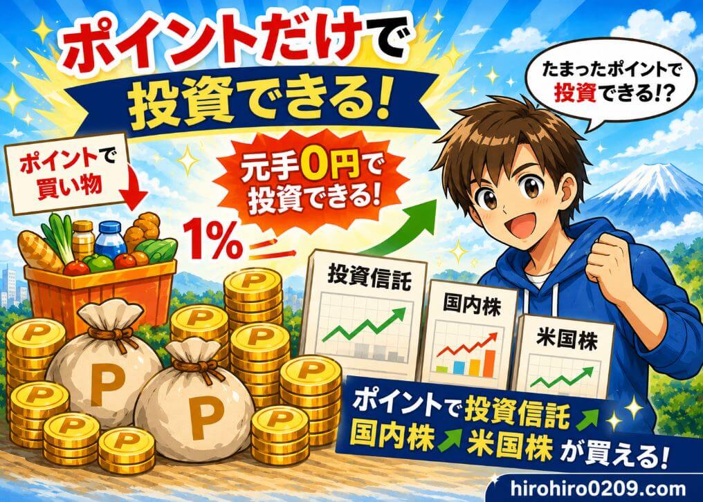 楽天ポイントだけで投資を始められることを紹介するアイキャッチ画像。楽天カードの利用で貯まったポイントを使い、投資信託や国内株、米国株へ投資できる仕組みをイラストで表現している。元手0円から始められるポイント投資の手軽さを強調したデザイン。