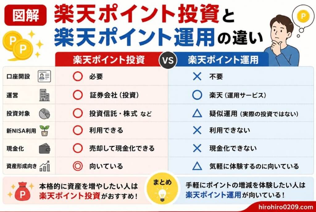 楽天ポイント投資と楽天ポイント運用の違いを比較した図解。口座開設の有無、運営主体、投資対象、新NISA利用可否、現金化の可否、資産形成向きかどうかを一覧表で比較し、本格的な資産形成には楽天ポイント投資がおすすめであることを紹介している
