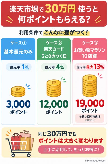 楽天市場で30万円使った場合の獲得ポイントを、基本還元、楽天カード+5と0のつく日、お買い物マラソン10店舗の3ケースで比較した図解