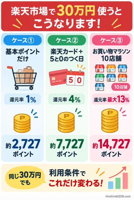 楽天市場で30万円使った場合の獲得ポイントを、基本ポイント約2,727ポイント、楽天カード+5と0のつく日で約7,727ポイント、お買い物マラソン10店舗で約14,727ポイントとして3ケースで比較した図解