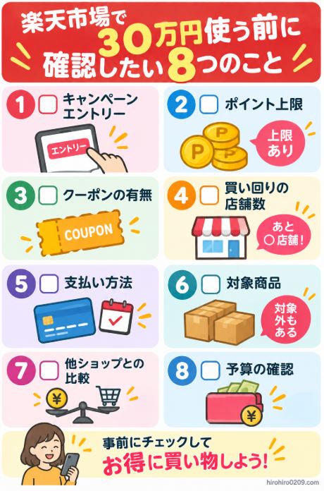 楽天市場で30万円使う前に、キャンペーンへのエントリー、ポイント上限、対象商品、クーポン、支払い方法など8つの確認項目をまとめたチェックリスト図解