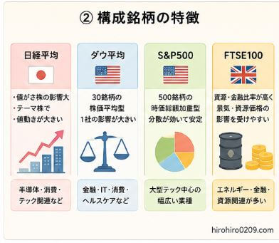 日経平均、ダウ平均、S&P500、FTSE100の構成銘柄の特徴を比較した図解。各指数の銘柄数や業種構成の違いによって、値動きやリスク特性が異なることを紹介している。