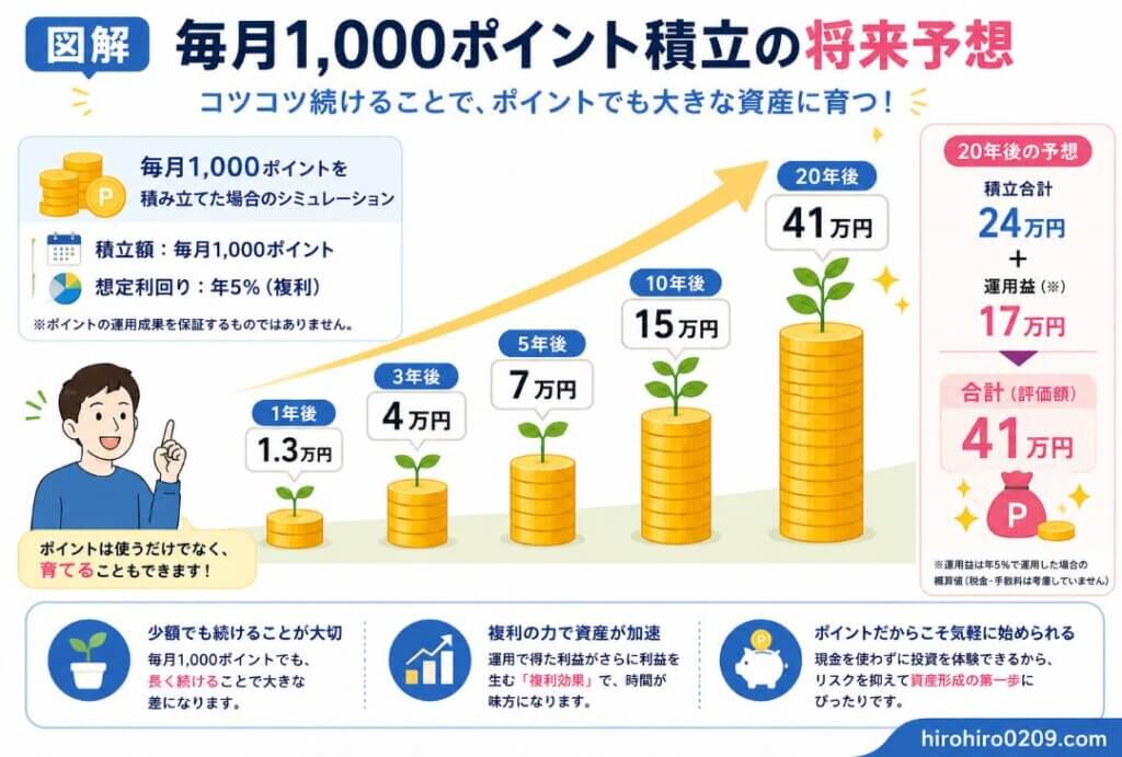 毎月1,000ポイントを年利5％で積み立てた場合の将来予想を示した図解。3年後4万円、5年後7万円、10年後15万円、20年後41万円になるシミュレーション結果と、少額のポイント投資でも長期継続によって資産形成につながることを紹介している