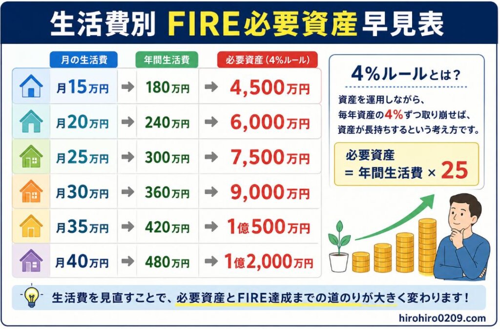 生活費別のFIRE必要資産をまとめた図解。タイトルは「生活費別 FIRE必要資産早見表」。左側に月の生活費、中央に年間生活費、右側に4%ルールで計算した必要資産を一覧表示。月15万円は年間180万円で必要資産4,500万円、月20万円は年間240万円で6,000万円、月25万円は年間300万円で7,500万円、月30万円は年間360万円で9,000万円、月35万円は年間420万円で1億500万円、月40万円は年間480万円で1億2,000万円と示されている。右側には4%ルールの解説として「必要資産=年間生活費×25」の計算式を掲載。電卓や積み上がるコイン、成長する資産をイメージしたイラストが配置され、生活費をコントロールすることで必要資産も大きく変わることを視覚的に表現。右下に「hirohiro0209.com」の表記あり。