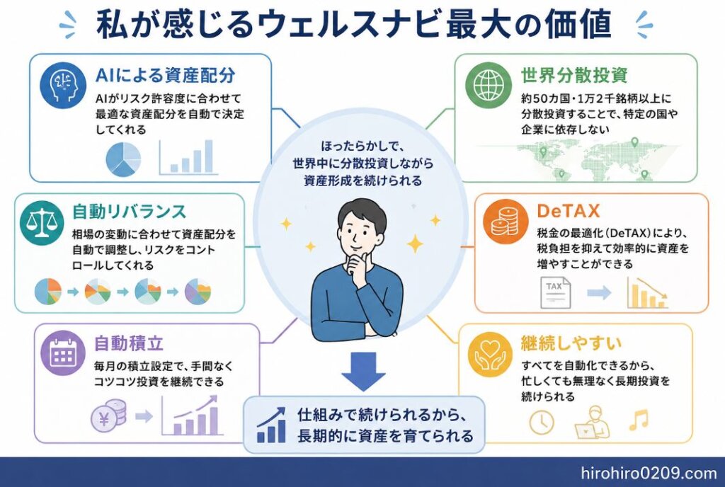 ウェルスナビを7年半利用して感じる最大の価値をまとめた図解。中央に「ほったらかしで世界中に分散投資しながら資産形成を続けられる」と配置し、その周囲に「AIによる資産配分」「世界分散投資」「自動リバランス」「DeTAX（税金最適化）」「自動積立」「継続しやすい」の6つのメリットを表示。これらの機能によって投資判断の負担を減らし、長期的な資産形成を続けやすくなることを示している。右下にhirohiro0209.comを掲載。