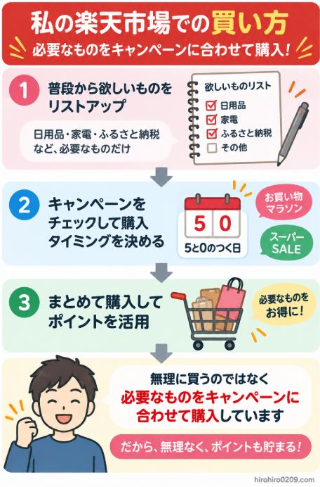 楽天市場で必要な商品をリストアップし、5と0のつく日やお買い物マラソンなどのキャンペーンに合わせてまとめ買いする、私の買い方を3ステップで示した図解