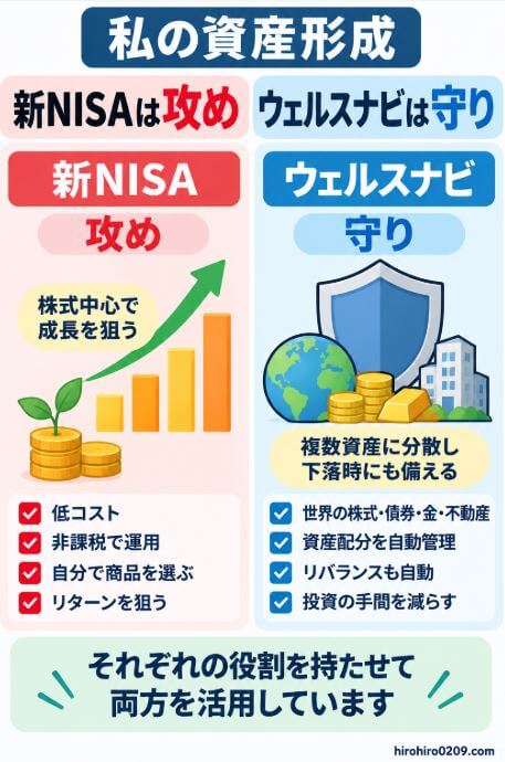 新NISAは株式中心・低コストでリターンを狙う「攻め」、ウェルスナビは株式・債券・金・不動産など複数資産への分散と自動リバランスで下落時にも備える「守り」として、両方を使い分けている資産形成の考え方を紹介した図解