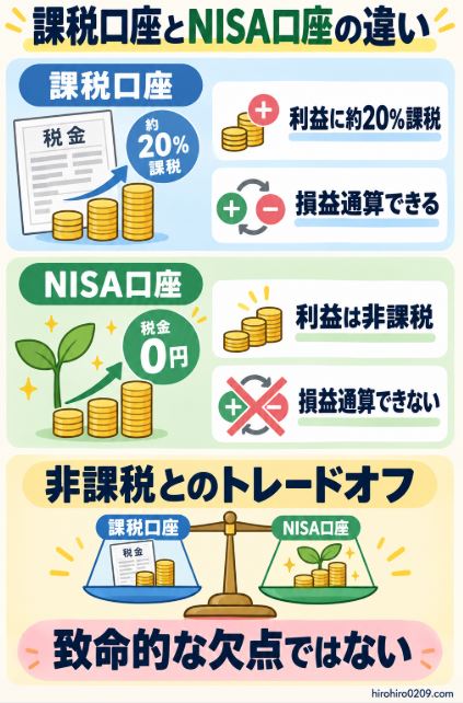 課税口座は利益に約20%課税される代わりに損益通算でき、NISA口座は利益が非課税になる代わりに損益通算できないという違いを比較した図解イラスト