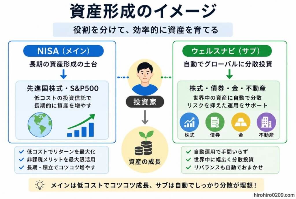 資産形成のイメージ図。NISAをメインとして先進国株式・S&P500で長期的な資産形成を行い、ウェルスナビをサブとして株式・債券・金・不動産へ自動分散投資する構成を図解。役割を分けることで効率的に資産を育てる考え方を示している