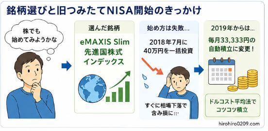 2018年に旧つみたてNISAを始めた経緯を解説するイラスト。eMAXIS Slim先進国株式インデックスを選び、一括投資で含み損を経験した後、ドルコスト平均法による毎月積立へ変更した流れを紹介。