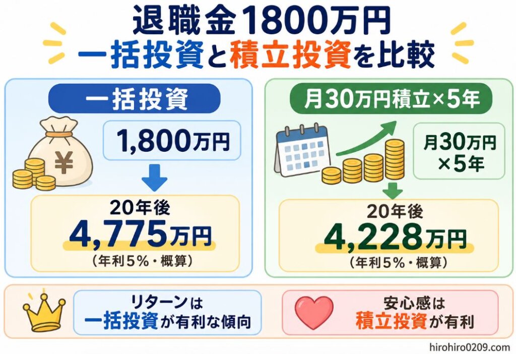 退職金1800万円を「一括投資」と「毎月30万円を5年間積み立てる方法」で比較した図解。左側は一括投資で20年後約4,775万円（年利5％・概算）、右側は月30万円積立×5年で20年後約4,228万円（年利5％・概算）のシミュレーションを表示。下部に「リターンは一括投資が有利な傾向」「安心感は積立投資が有利」と、それぞれの特徴をまとめた比較イラスト。右下に「hirohiro0209.com」の表記あり。