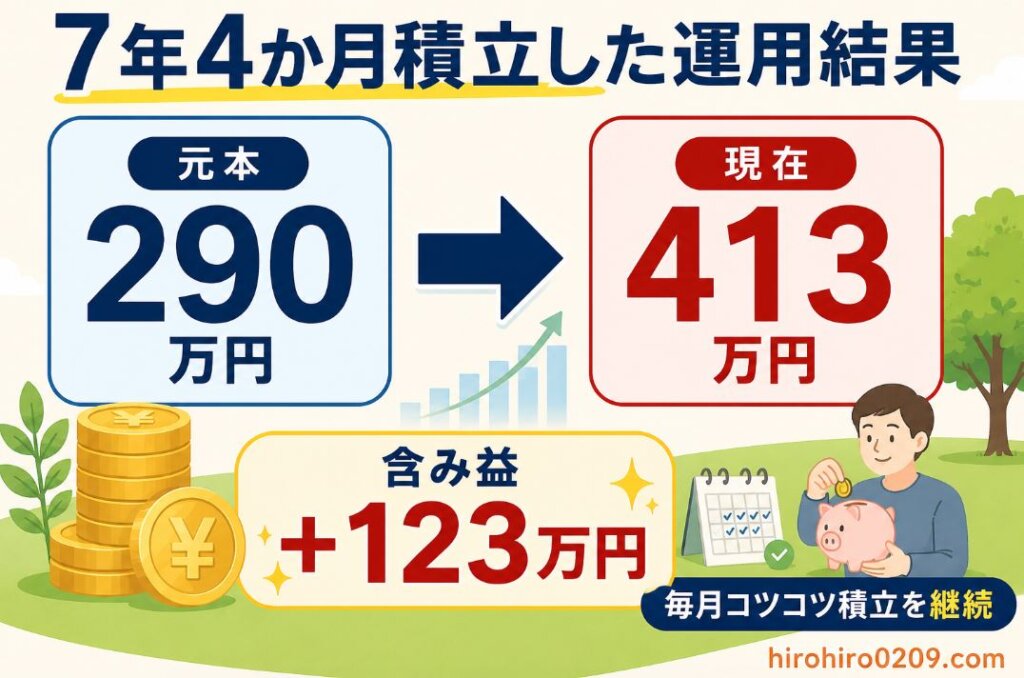 7年4か月の仮想通貨積立運用結果を示した図解。元本290万円が413万円となり、含み益123万円を達成した実績を、右向き矢印と金額で分かりやすく表現したイラスト