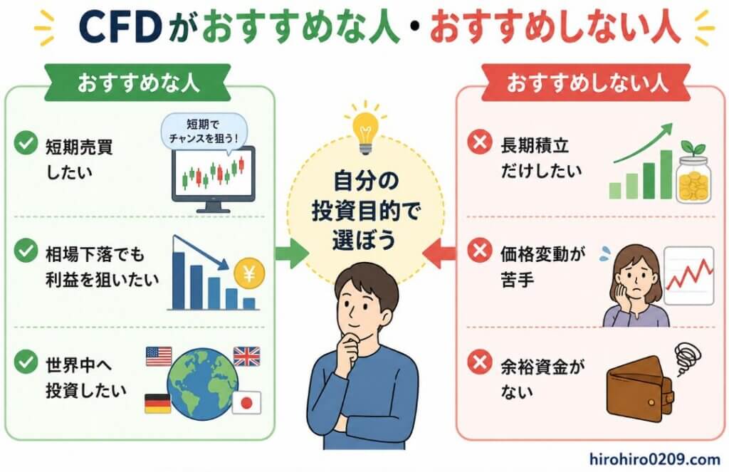 CFDが向いている人と向いていない人を比較した図解。左側に「短期売買したい」「相場下落でも利益を狙いたい」「世界中へ投資したい」、右側に「長期積立だけしたい」「価格変動が苦手」「余裕資金がない」を配置し、中央で「自分の投資目的で選ぼう」と投資スタイルに合った選択の重要性を示している