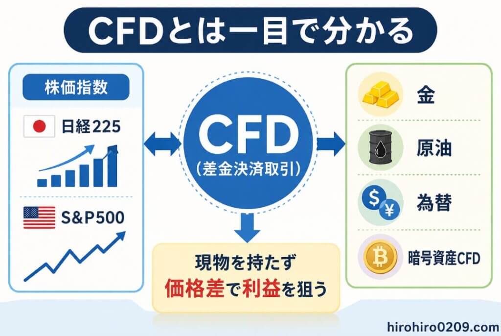 CFD(差金決済取引)の仕組みを図解で解説したイラスト。中央にCFD、左側に株価指数(日経225・S&P500)、右側に金・原油・為替・暗号資産CFDを配置し、現物を保有せず価格差で利益を狙う投資であることを矢印で分かりやすく示している