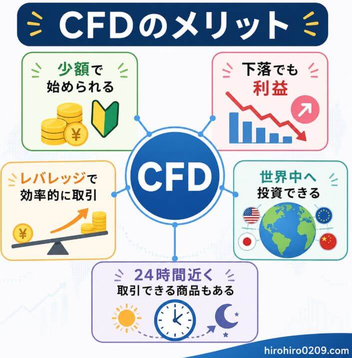 CFDの5つのメリットを図解したイラスト。中央にCFDを配置し、その周囲に「少額で始められる」「下落相場でも利益を狙える」「レバレッジを活用できる」「世界中の資産へ投資できる」「24時間近く取引できる商品もある」の特徴を分かりやすくまとめている