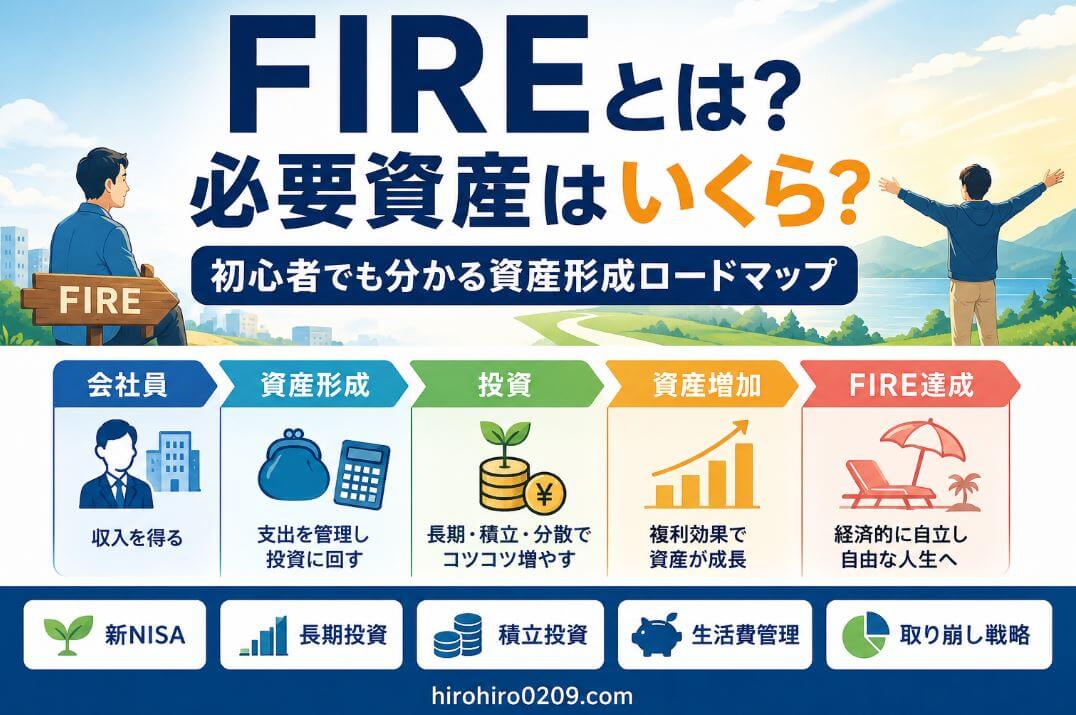 FIRE達成までの流れをまとめたロードマップ図。会社員として収入を得て資産形成を始め、新NISAや長期・積立投資、生活費管理を続けながら資産を増やし、経済的自立（FIRE）を目指す全体像を分かりやすく示しているイラストです