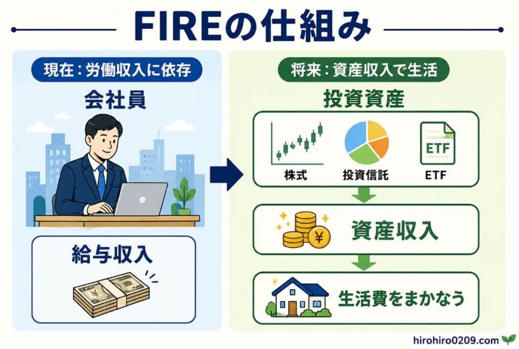 会社員として給与収入を得ながら株式・投資信託・ETFなどの投資資産を積み上げ、資産収入で生活費をまかなうFIREの基本的な仕組みを矢印で分かりやすく示した図解イラスト